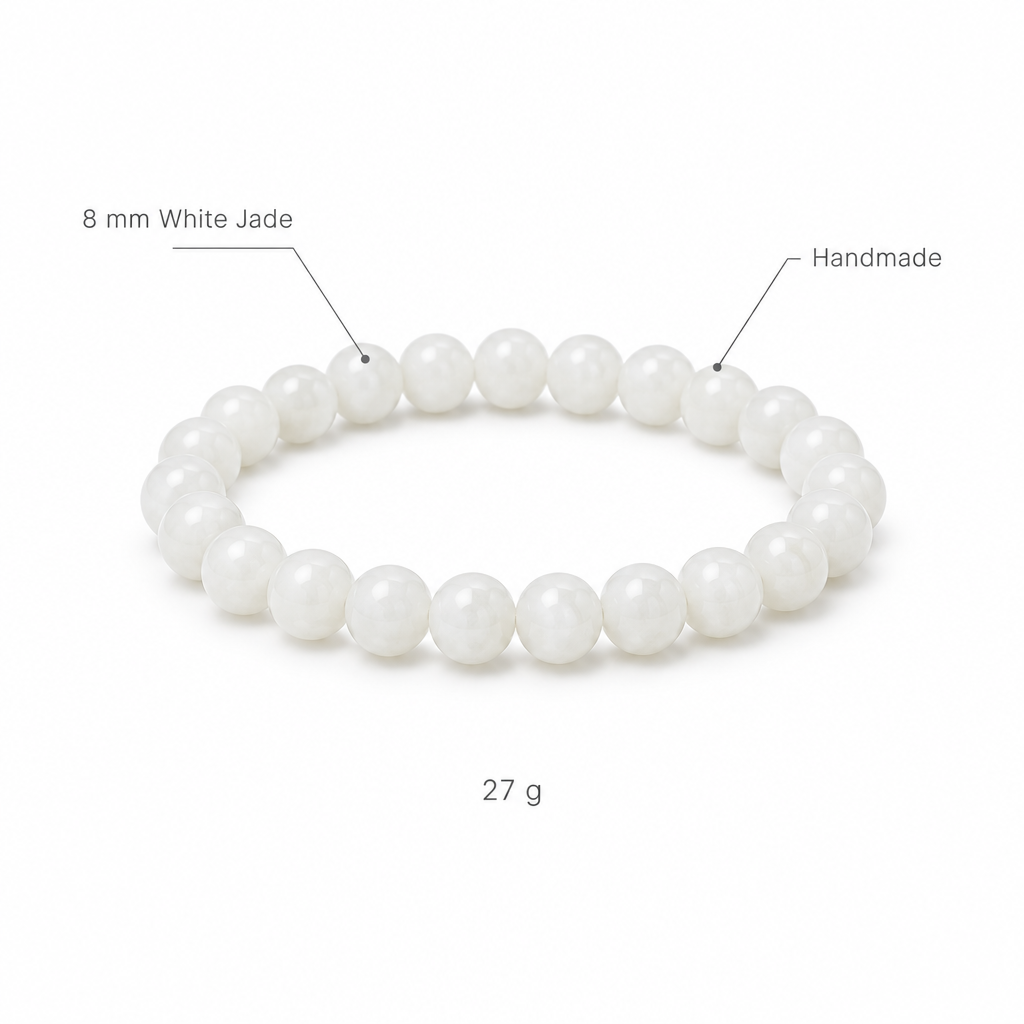 Bransoletka z bidego jadeitu, specyfikacja na bialym tle, 8 mm White Jade, Handmade, 27 g