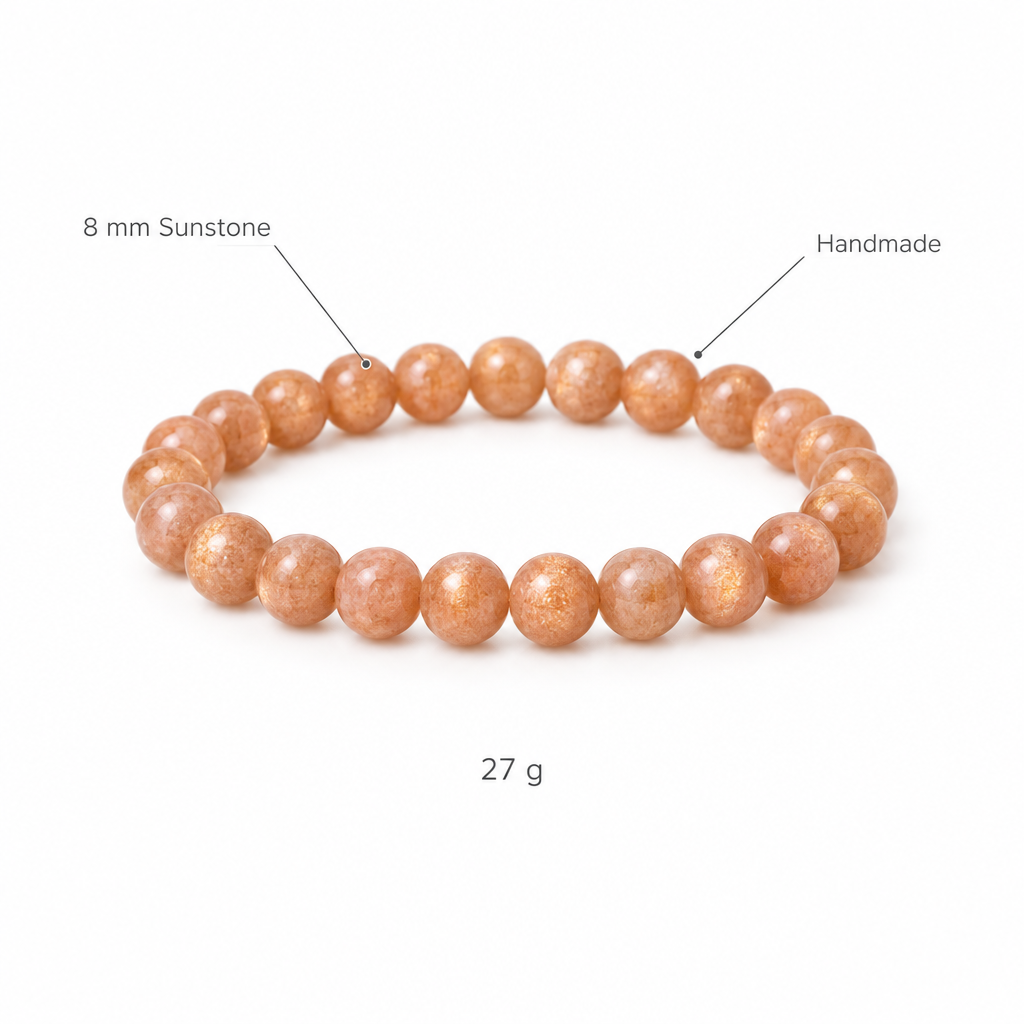 Bransoletka z kamienia sionka, specyfikacja na bialym tle, 8 mm Sunstone, Handmade, 27 g