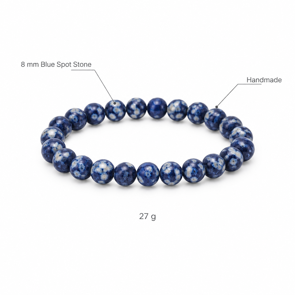 Bransoletka z kamienia w niebieskie plamy, specyfikacja na bialym tle, 8 mm Blue Spot Stone, Handmade, 27 g