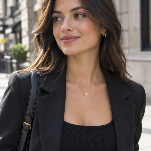 Kobieta w zlotym naszyjniku z symbolem X w miejskiej stylizacji