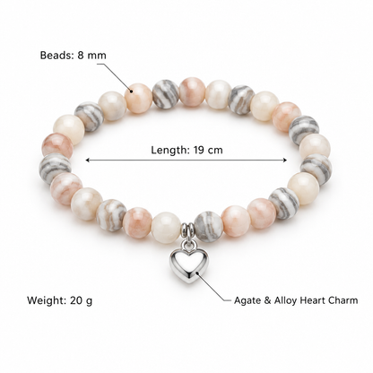 Bransoletka z agatem i serduszkiem, specyfikacja po angielsku, 8 mm, 19 cm, 20 g