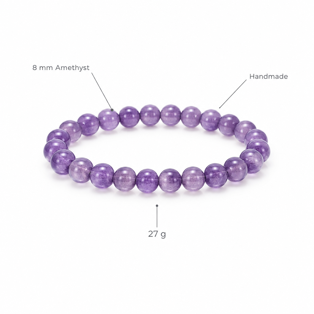 Bransoletka z ametystu, specyfikacja na bialym tle, 8 mm Amethyst, Handmade, 27 g