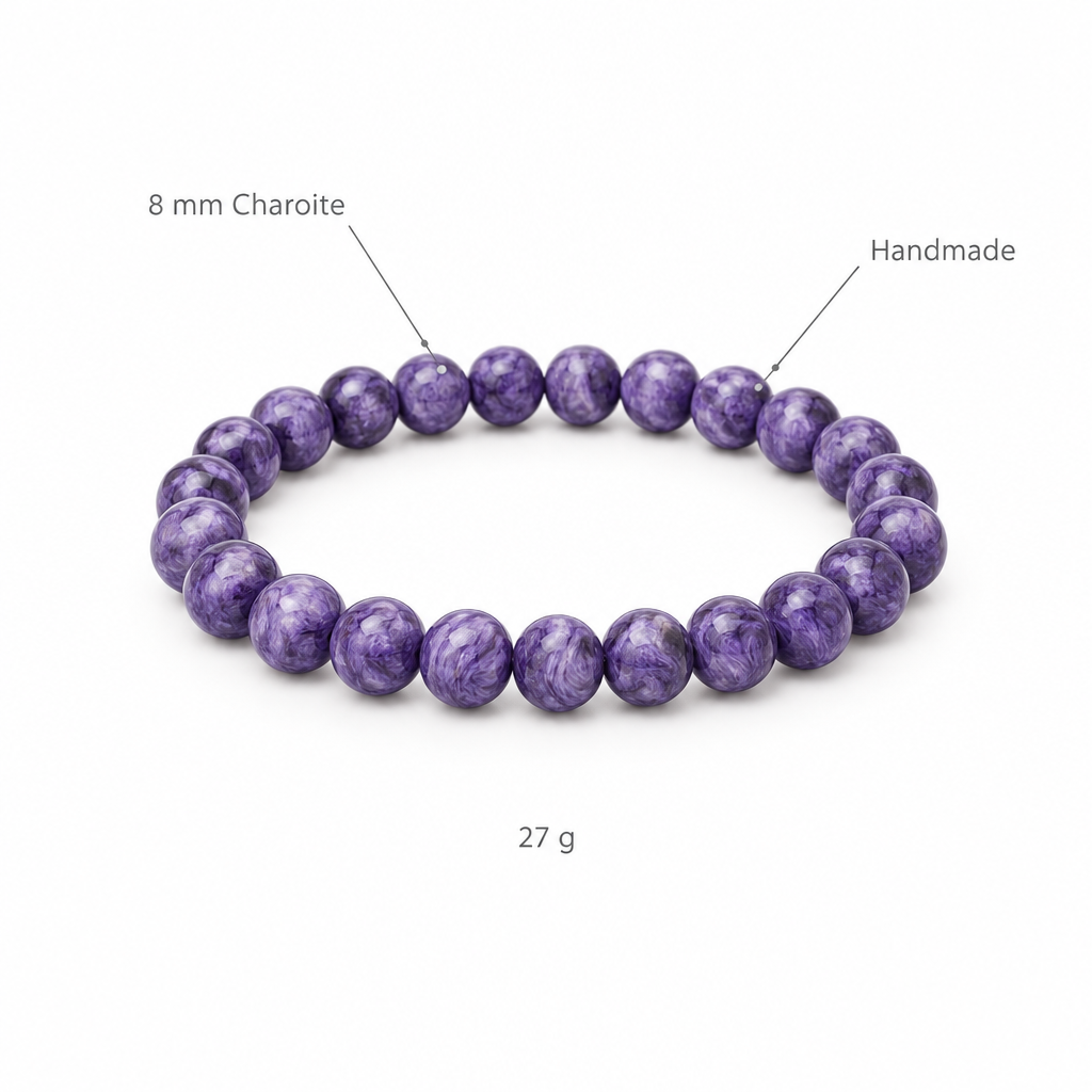 Bransoletka z charoitu, specyfikacja na bialym tle, 8 mm Charoite, Handmade, 27 g