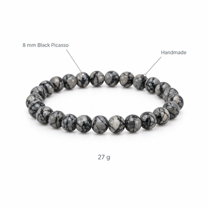 Bransoletka z czarnego picasso jaspisu, specyfikacja na bialym tle, 8 mm Black Picasso, Handmade, 27 g