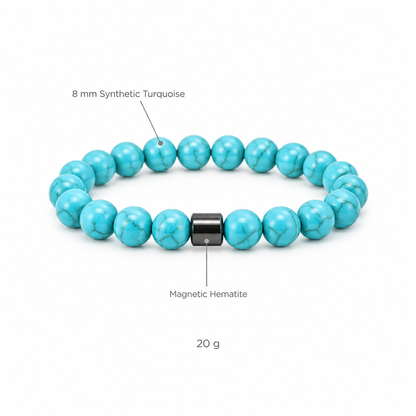 Bransoletka z jasnego syntetycznego turkusu, specyfikacja na bialym tle, 8 mm Synthetic Turquoise, Magnetic Hematite, 20 g