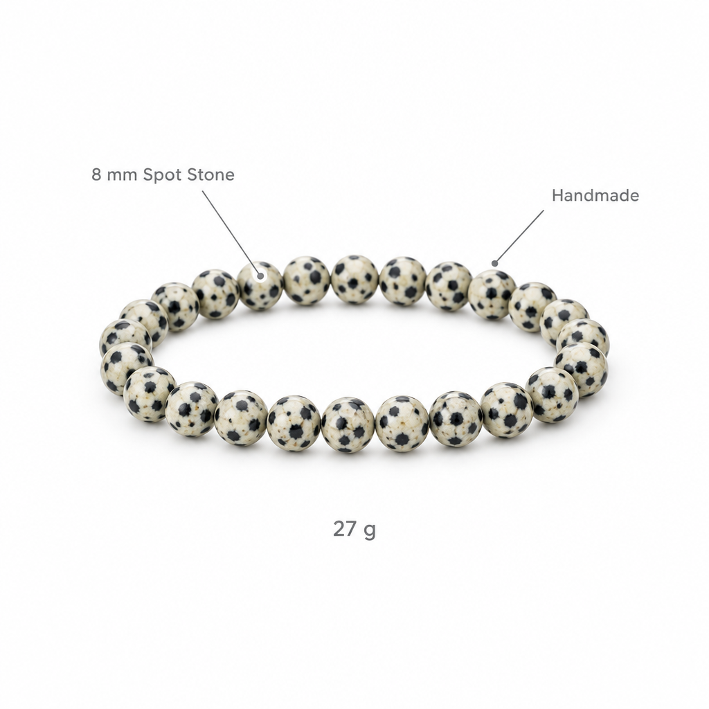 Bransoletka z kamienia w plamy, specyfikacja na bialym tle, 8 mm Spot Stone, Handmade, 27 g
