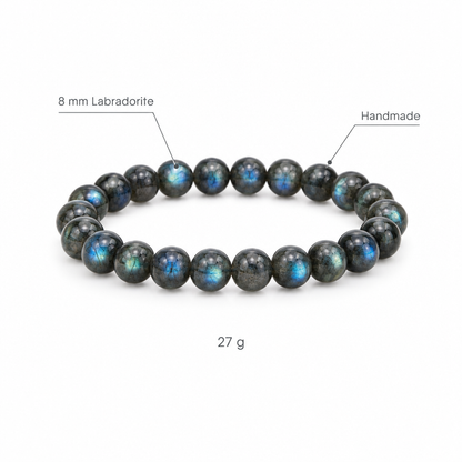 Bransoletka z labradoritu, specyfikacja na bialym tle, 8 mm Labradorite, Handmade, 27 g