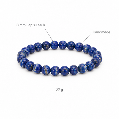 Bransoletka z lapisu lazuli, specyfikacja na bialym tle, 8 mm Lapis Lazuli, Handmade, 27 g