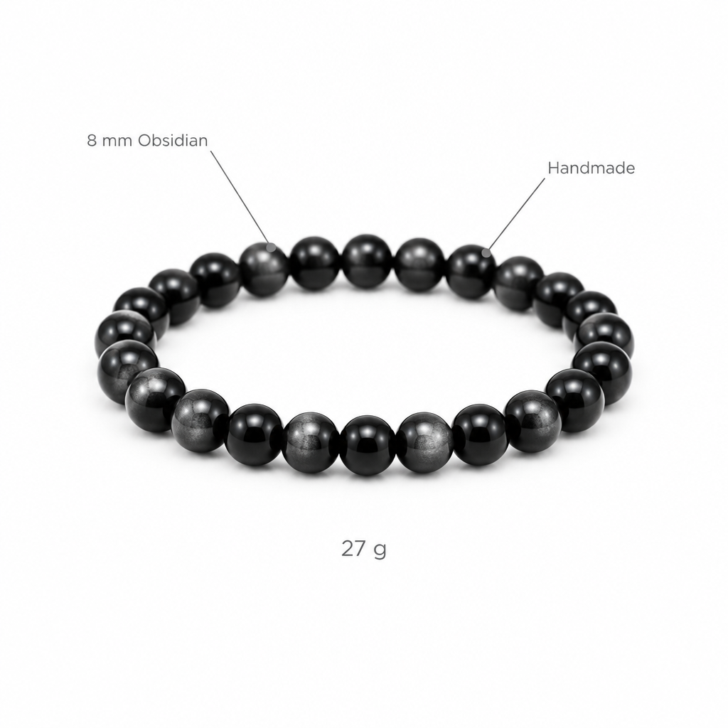 Bransoletka z obsydianu, specyfikacja na bialym tle, 8 mm Obsidian, Handmade, 27 g