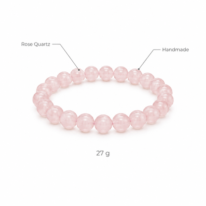 Bransoletka z rozowego kwarcu, specyfikacja na bialym tle, Rose Quartz, Handmade, 27 g