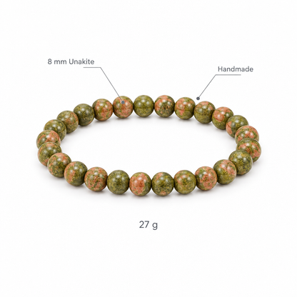 Bransoletka z unakitu, specyfikacja na bialym tle, 8 mm Unakite, Handmade, 27 g