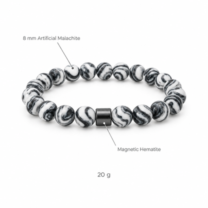 Bransoletka ze sztucznego malachitu bialo-czarna, specyfikacja na bialym tle, 8 mm Artificial Malachite, Magnetic Hematite, 20 g