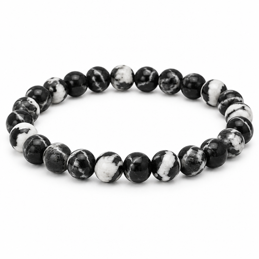 Bransoletka Zebra Jasper z czarno-bialym marmurkowaniem, produkt na bialym tle