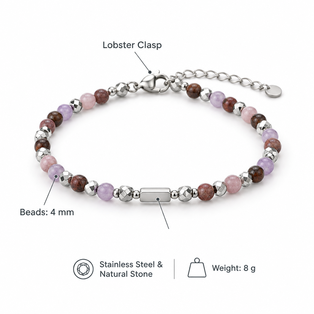 Fioletowo-rozowo-brazowa bransoletka, specyfikacja po angielsku, 4 mm, 8 g