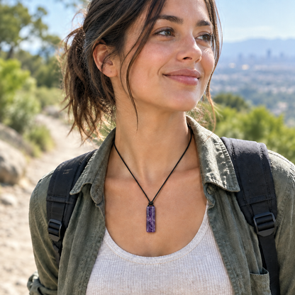 Naszyjnik z ametystem na sznurku – lifestyle, outdoor w terenie