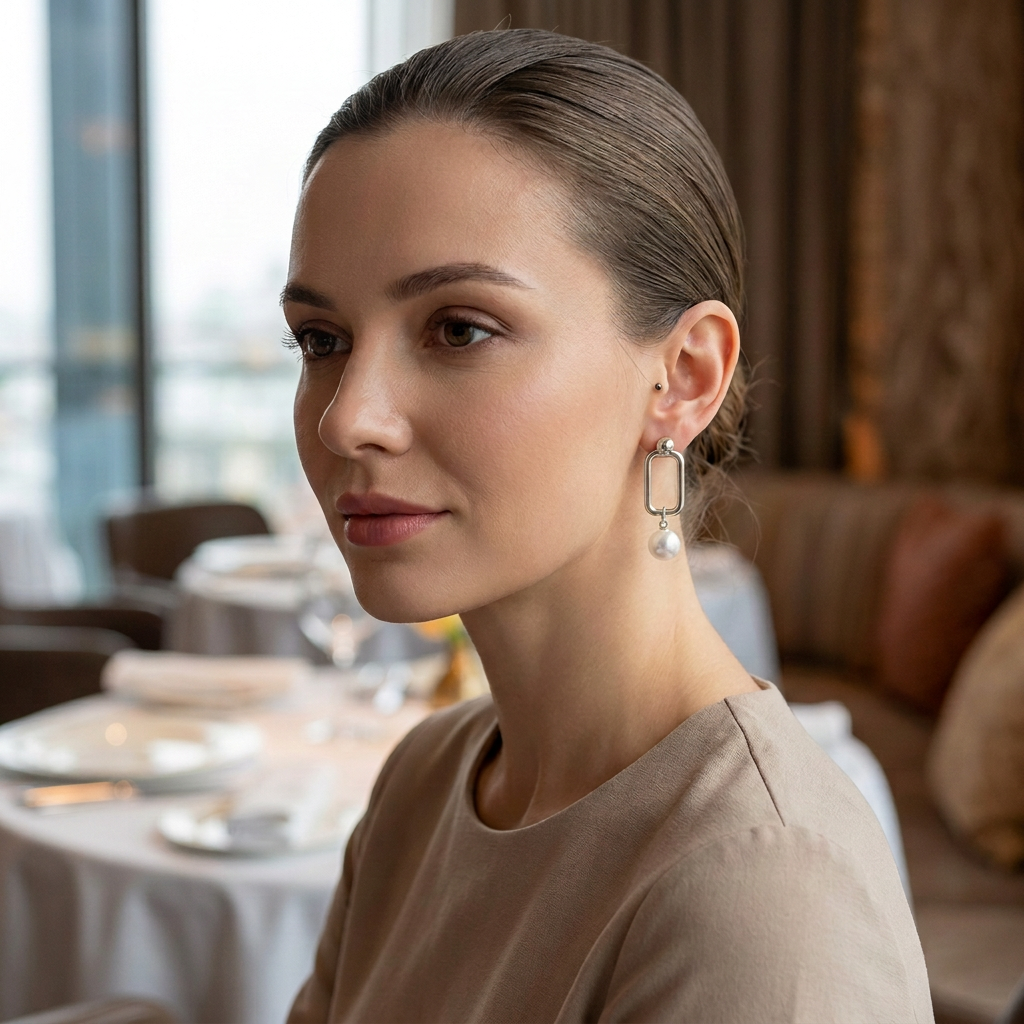 Modelka z geometrycznym kolczykiem w srebrnym kolorze ze sztuczną perłą w restauracji