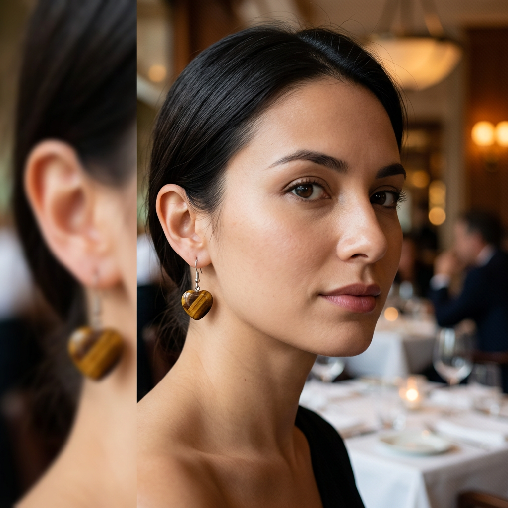 Modelka z kolczykiem w kształcie serca z tygrysiego oka w restauracji